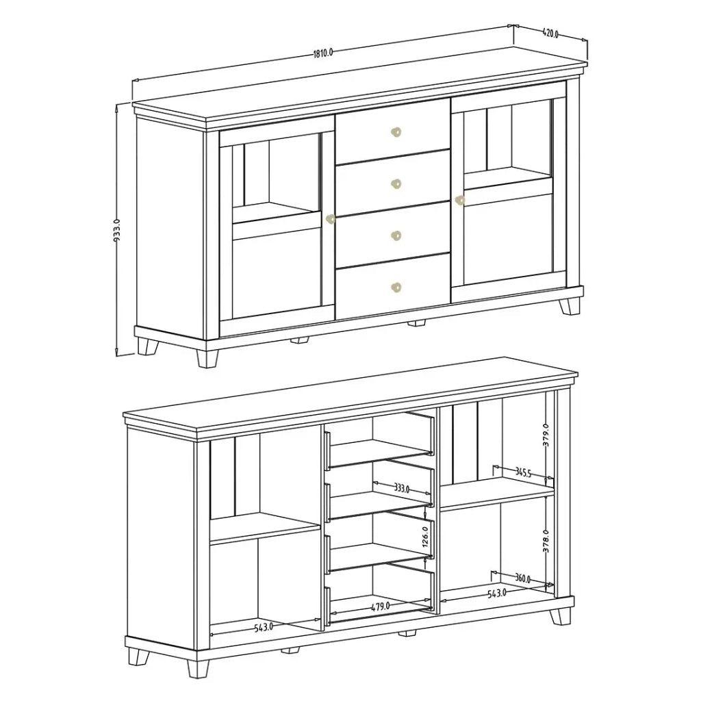 Set di 4 mobili per sala da pranzo color verde e rovere. Collezione ASSIA