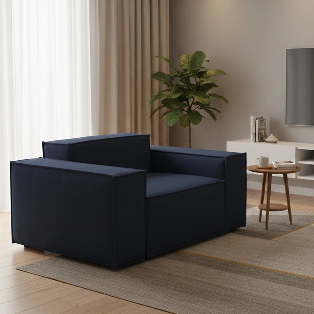 Poltrona Leonia, Poltrona da salotto, 100% Made in Italy, Poltroncina relax in tessuto imbottito, Cm 140x95h70, Blu