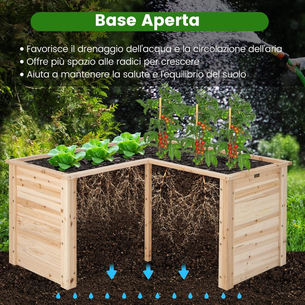 Letto Rialzato da Giardino in Legno, Fioriera da Esterno a Forma di L con Base Aperta, Aiuola per Frutto, Erbe, Verdure e Fiori da Blacone, Cortile e Prato, 120 x 120 x 63 cm (Naturale)