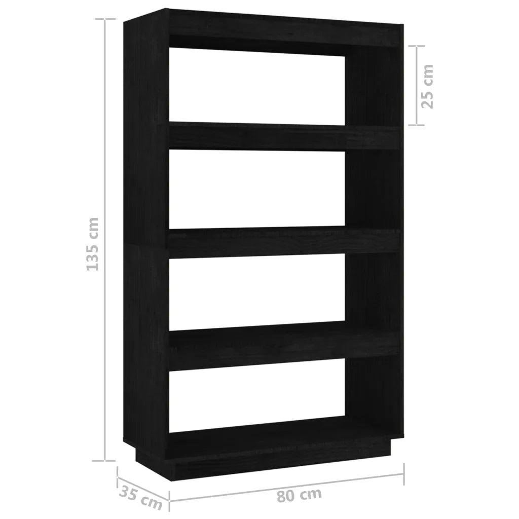 Libreria Divisorio-Scaffale per Libri-Mobile di Stoccaggio Nero 80x35x135 cm in Legno Massello di Pino