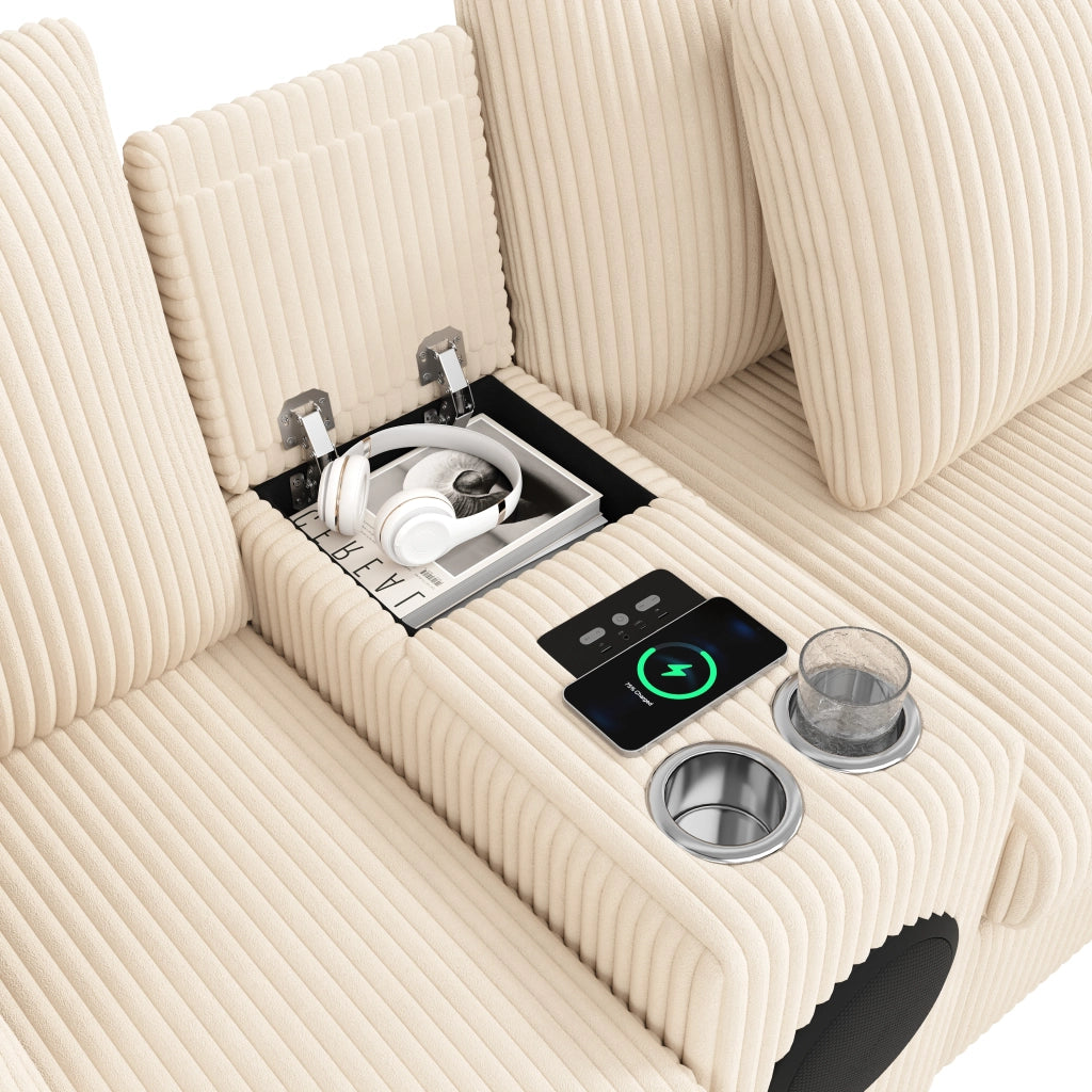 Divano modulare ad angolo con audio Bluetooth, console, ricarica wireless, USB e portabicchieri, Corduroy Beige