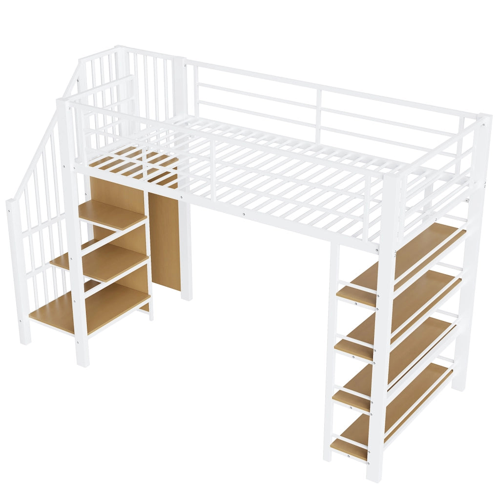 Letto a soppalco 90x200 cm bianco in metallo e MDF con scala contenitore e armadietto