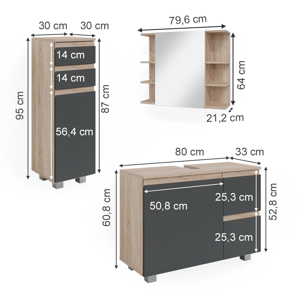 Vicco Set mobili bagno Sonoma 3 parti, con armadio midi