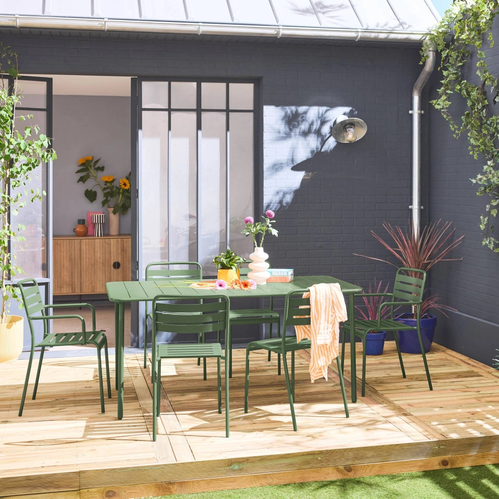 Set tavolo da giardino in acciaio con 2 poltrone e 4 sedie, verde