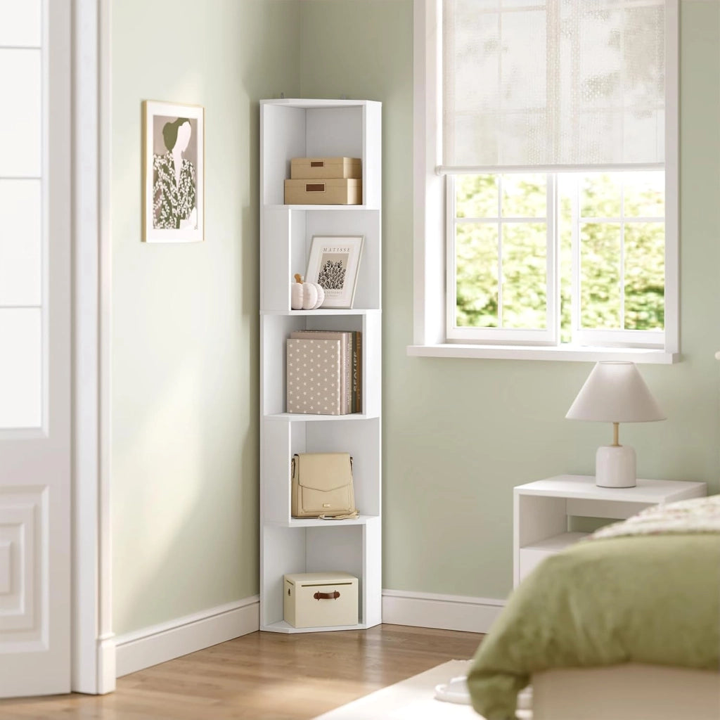 Scaffale ad Angolo, Libreria Verticale Bianca, Scaffale Divisorio con 5 Scomparti Aperti, per Soggiorno/Studio/Camera da Letto, SK046ws