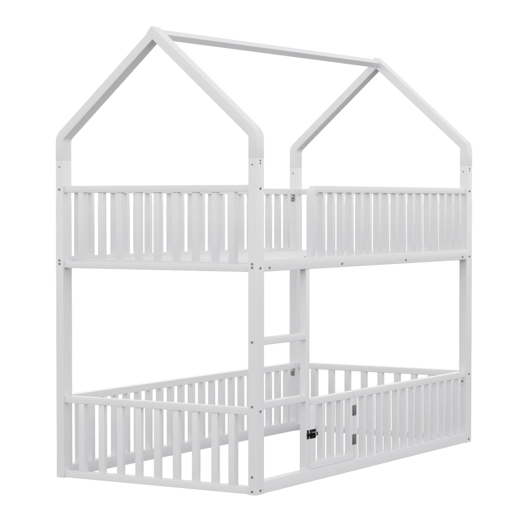 Letto a Castello 90x200 cm con Scala Frontale e Porta Apribile; in Metallo; Bianco