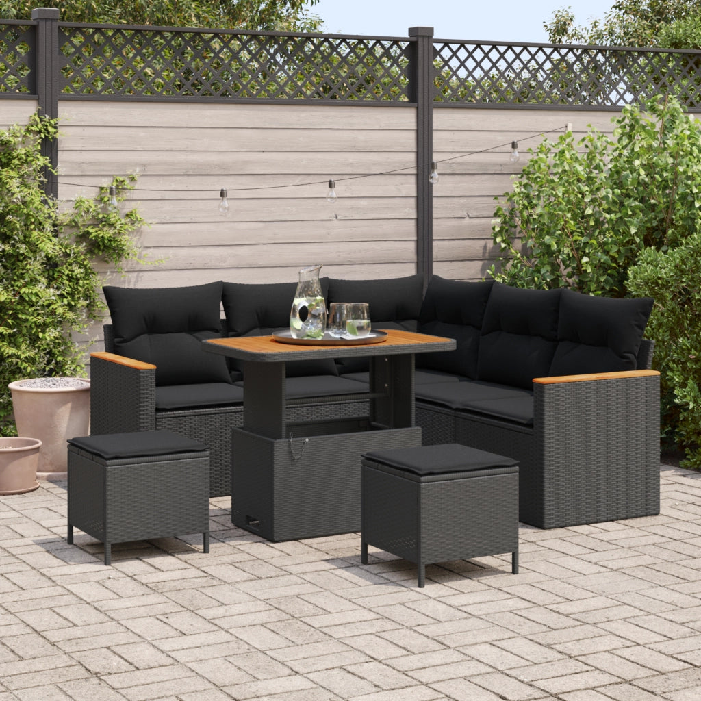 Set divani giardino 8 pezzi con cuscini Nero Rattan Poliestere Acacia