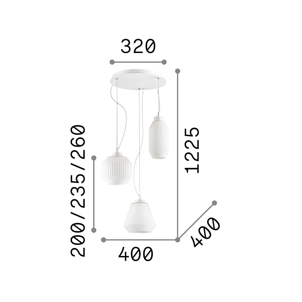 Lampadario Shabby Chic-Provenzale Origami Vetro Bianco 3 Luci E27