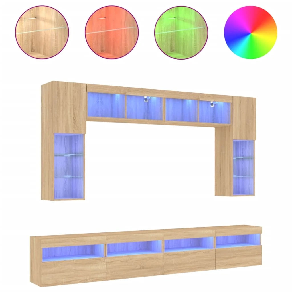 Set di mobili da 8 pezzi comprensivo di armadio credenza mobile TV per soggiorno camera da letto e sala da pranzo montaggio a parete con luci a LED finitura rovere Sonoma marrone 02_0025378