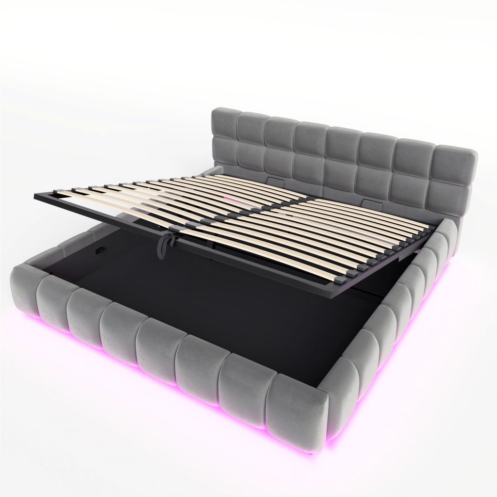 Letto contenitore capitonné con LED multicolore e vano idraulico LEMONMAX; 180x200 cm; testiera imbottita; velluto; grigio