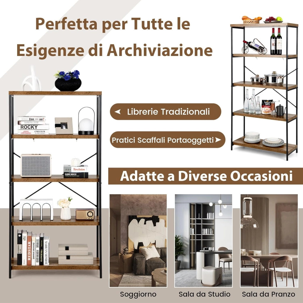 Libreria a 5 Piani, Scaffale Industriale in Legno con Struttura in Metallo, Aste di Sostegno a X Dispositivo Antiribaltamento, per Soggiorno Ufficio, 79x35x160 cm (Marrone)