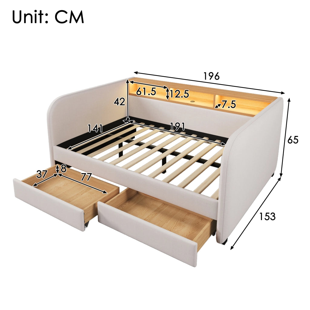Letto combinato 140 × 190 cm con LED regolabile, USB, Type-C, 2 cassetti e testiera contenitore, senza materasso