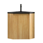 Mobile bagno angolare sospeso con 1 anta e lavabo integrato in resina; per bagno; 47.5×47.5×61.5 cm; nero e rovere
