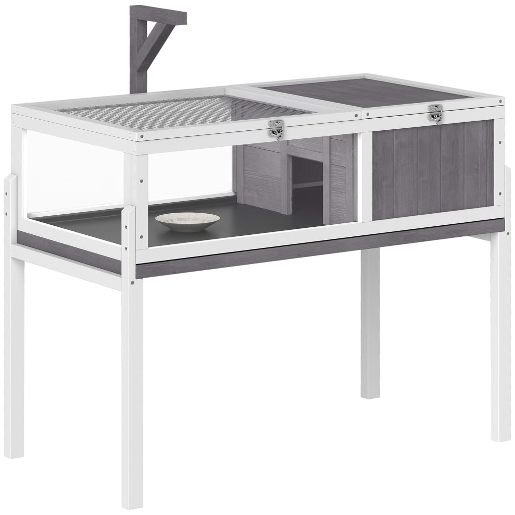 Casetta Tartarughe Rialzata 104x53x82 cm con Divisorio Vassoio Estraibile in Legno e PS Grigio e Bianco