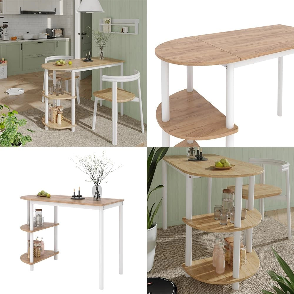 Tavolo da cucina Freetown, Quercia dorata/bianco, 110 x 50 cm con ripiani aperti, adatto come tavolo da pranzo o da lavoro per cucine piccole