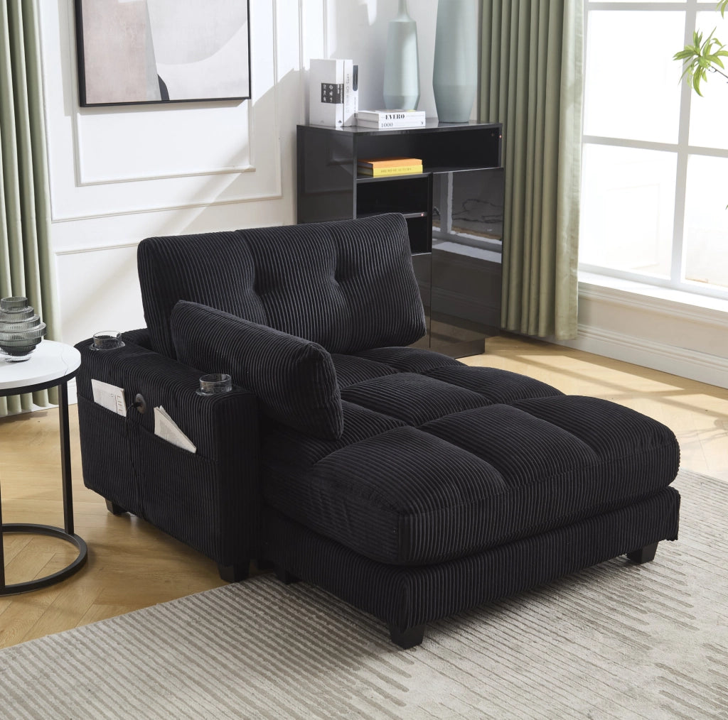 Poltrona lounge con porta bevande; tasca laterale e USB in velluto a coste nero