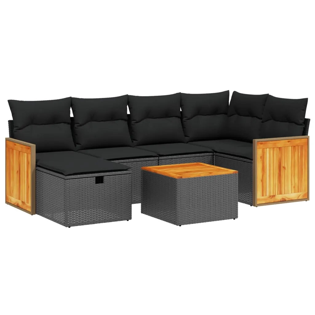 Set Divani da Giardino con Cuscini 7pz Nero Polyrattan