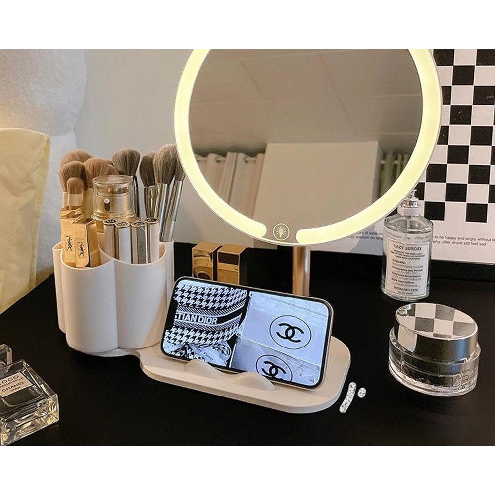 Trade Shop - Specchio Trucco Da Tavolo Con Luce Led Contenitore Portaoggetti Girevole Portacellulare -