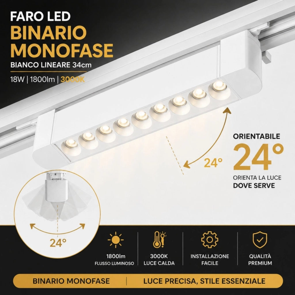 Faro Led Binario Monofase, Bianco Lineare 34cm 18W 1800lm 24° Orientabile, Disponibili 3000K 4000K (Bianco Caldo 3000K)