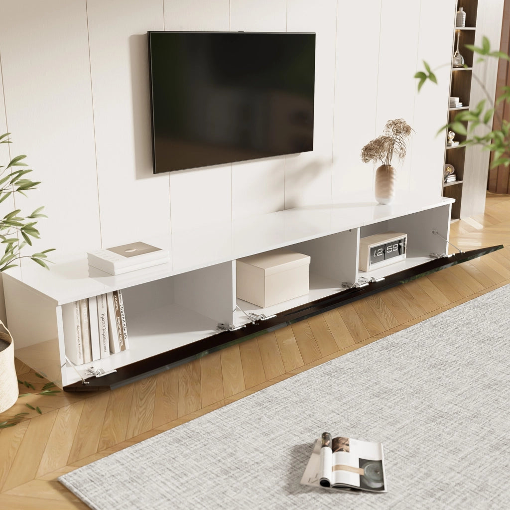 OKWISH Mobile TV con 3 Ante e LED, Montaggio a Parete o a Pavimento, per Soggiorno, MDF, Nero e Bianco, 180×35×30 cm