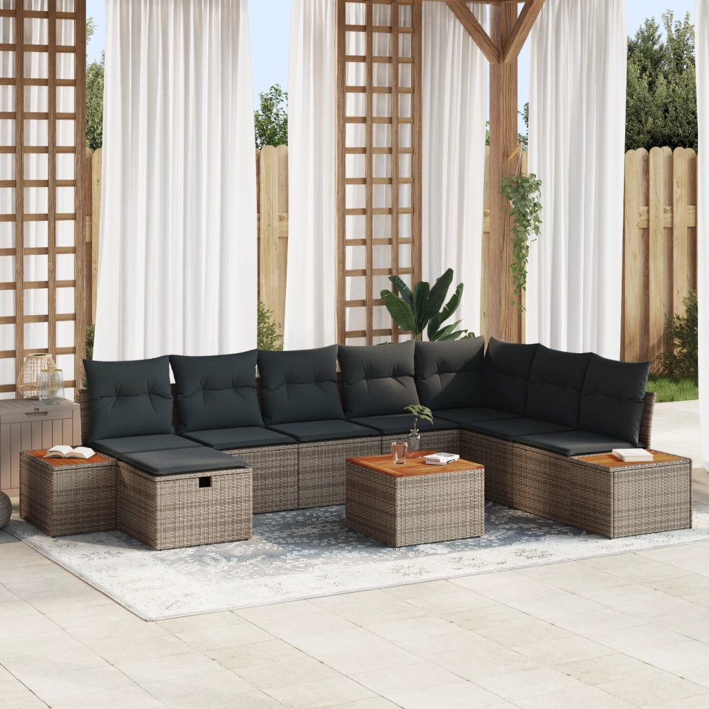 Set Divano da Giardino 9 Pezzi con Cuscini Grigio Rattan Sintetico