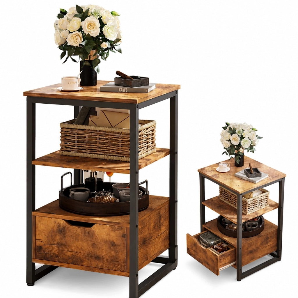 Comodino, tavolino da camera, cassettiera, stile loft marrone scuro, 2 ripiani, 80 cm