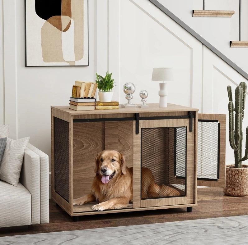 Gabbia per cani 98x60x78 cm con porta scorrevole in legno noce
