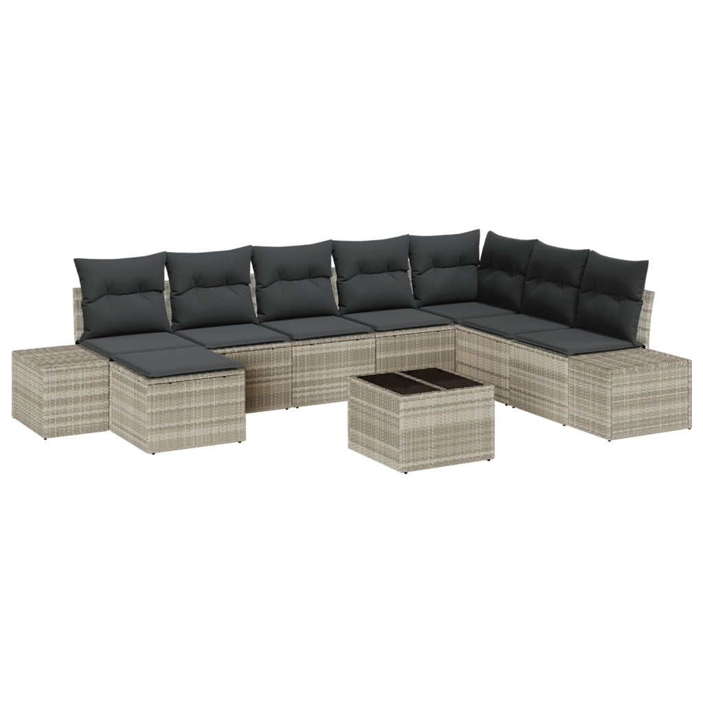 Set di divano da giardino con cuscini grigi in polirattan