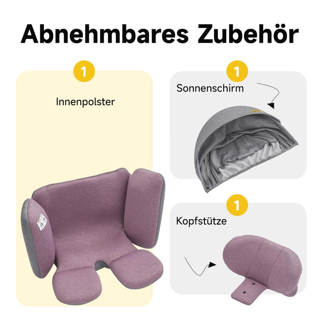 Seggiolino auto per bambini girevole 360 gradi con ISOFIX e reclinazione, cappottina removibile in tessuto rosa grigio