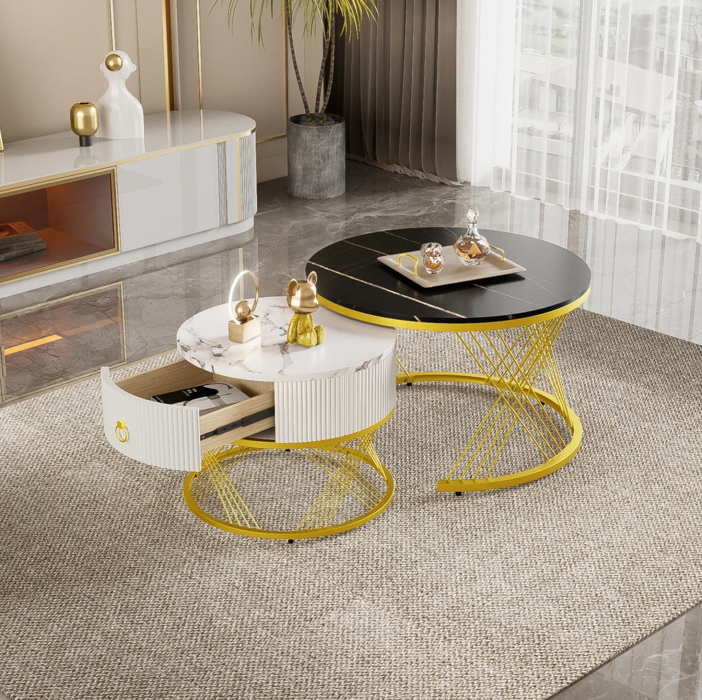 Set di 2 tavolini da caffè modulari neri effetto marmo con cassetto e dettagli dorati