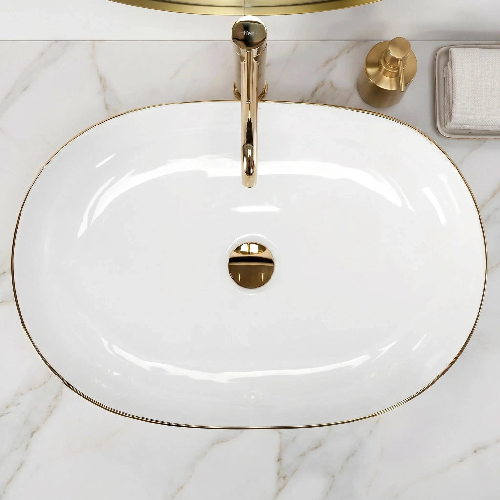 Lavabo Da Appoggio In Ceramica Rea Cleo White Gold Edge