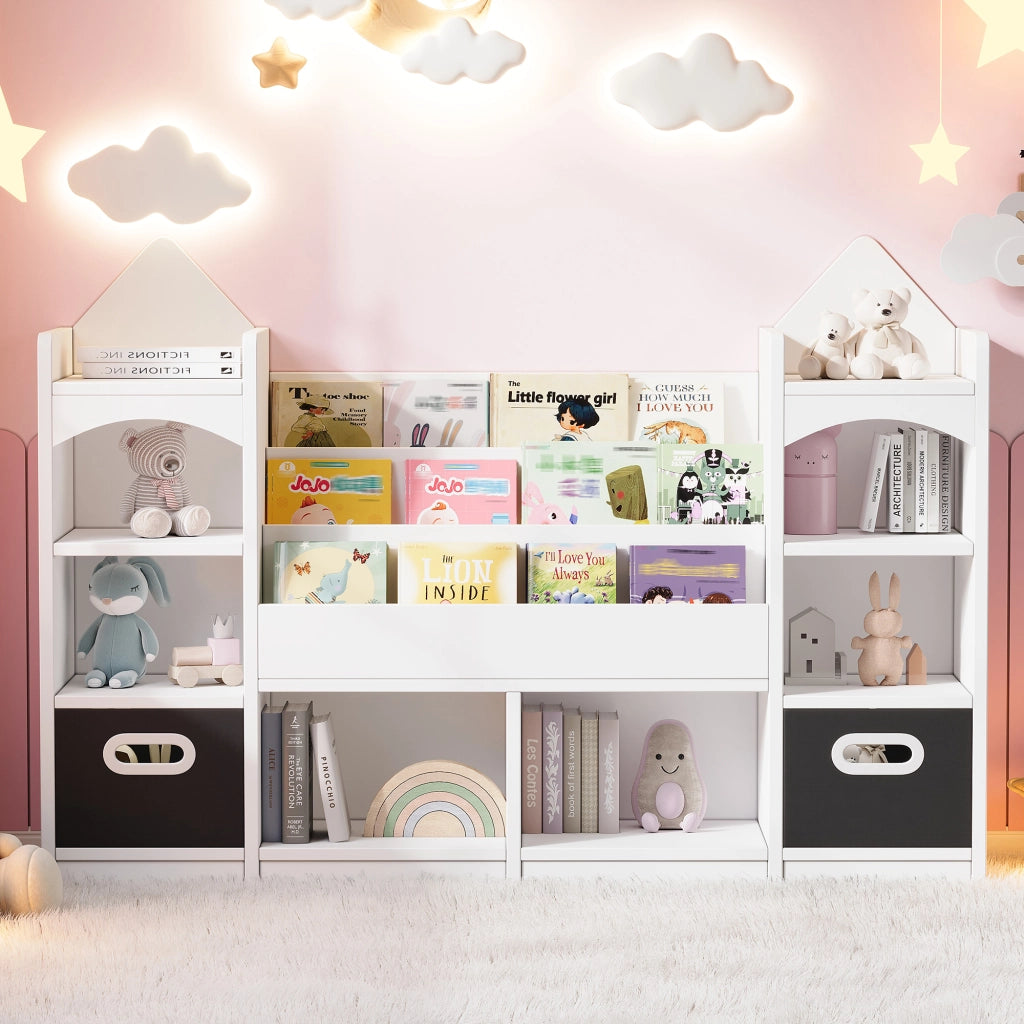 Libreria per bambini con 2 scatole pieghevoli, design a castello, bianco, MDF