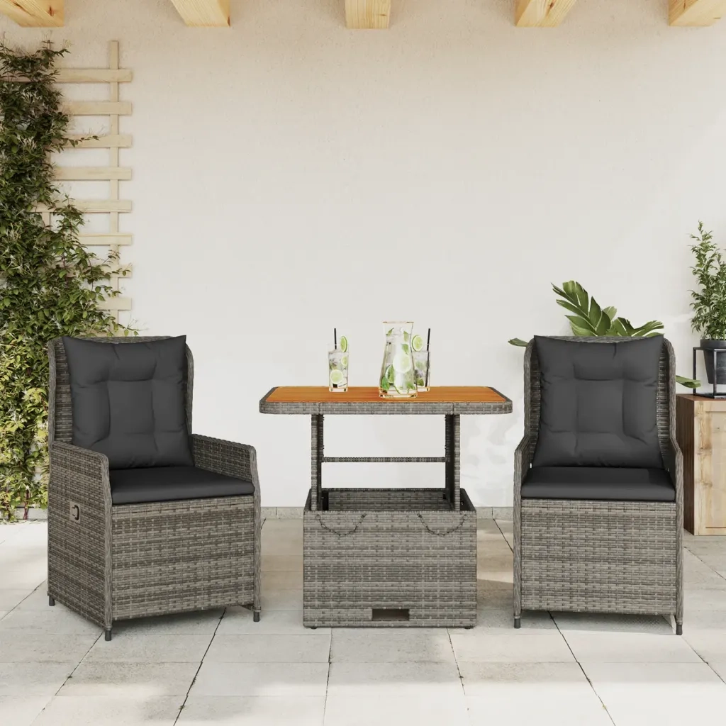 Set da BistrÃ² 3 pz con Cuscini Grigio in Polyrattan