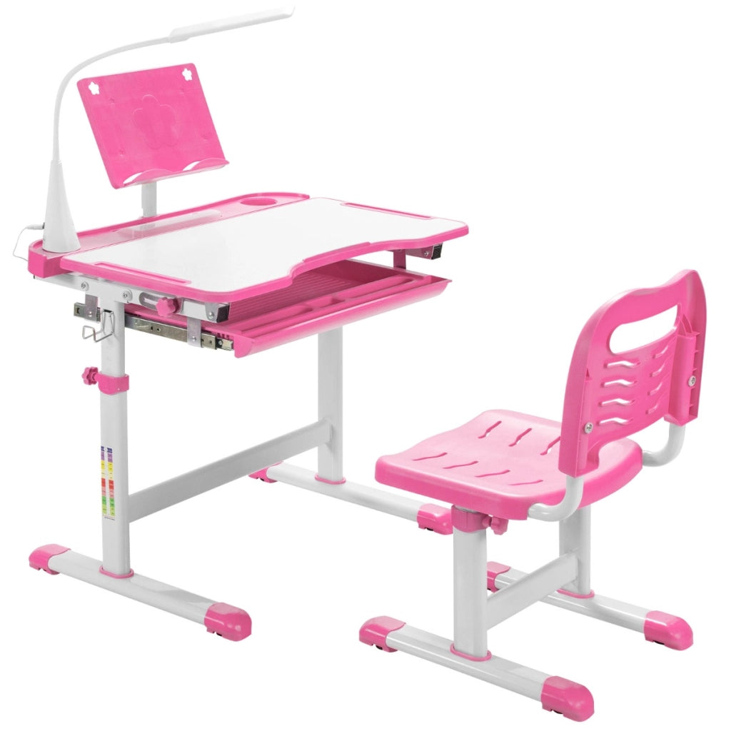 Set scrivania e sedia per bambini con altezza regolabile, Scrivania e sedia con leggio per libri e luce LED Rosa