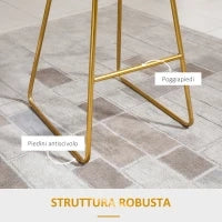 Set 2 Sgabelli da Bar Alti con Schienale e Poggiapiedi per Salotto o Cucina Stile Moderno, Cuscino in Velluto e Struttura in Metallo, 52.5x47x97cm, Nero e Oro