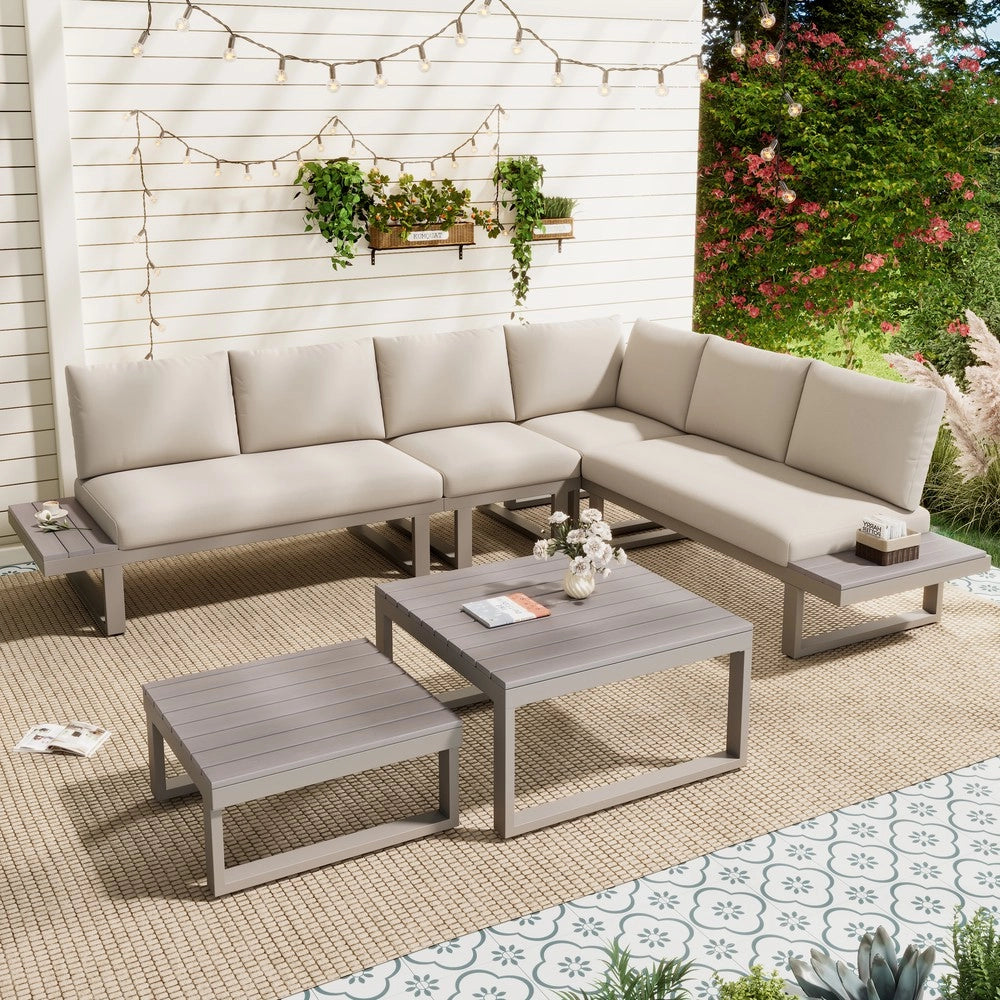 Set Divano da Giardino Angolare con Tavolini ¨C Xylo ¨C Beige, Acciaio Zincato