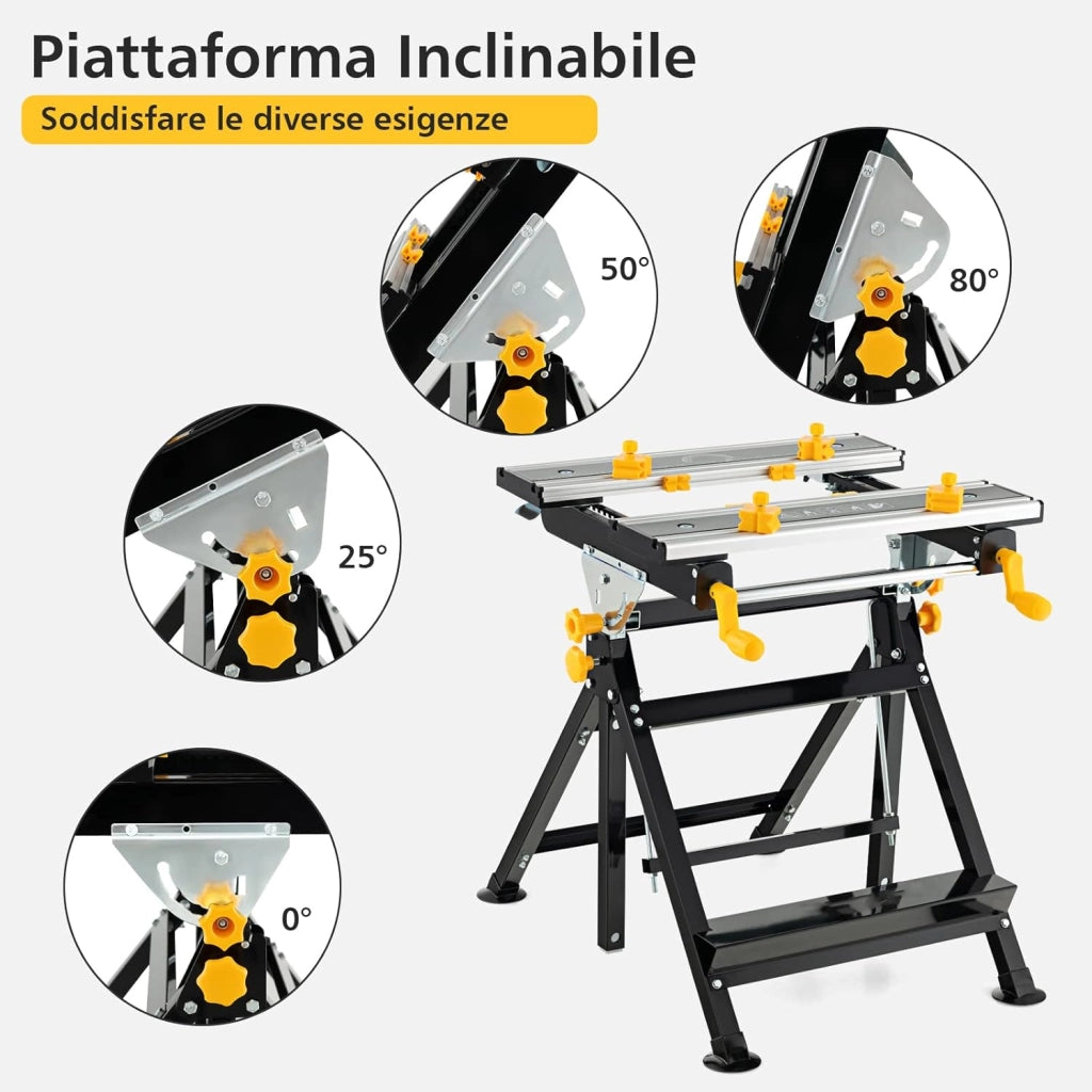 Tavolo da Lavoro Pieghevole, Banco da Lavoro Portatile con Piattaforma Inclinabile e Altezza Regolabile a 7 Livelli, Telaio in Alluminio e Metallo, Capacità di Carico 100 KG (Modello 2)