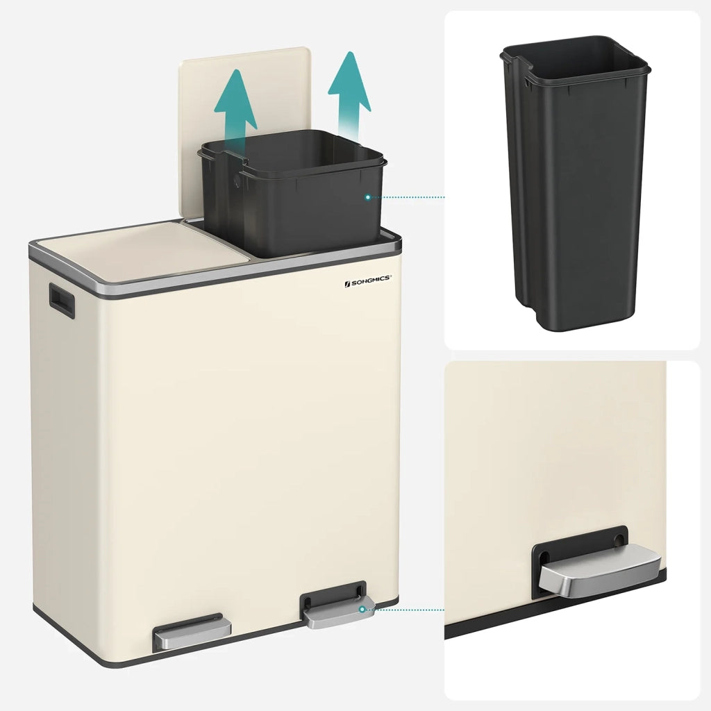 Pattumiera a 2 pedali con doppio scomparto 2 x 30 litri acciaio inox anti-impronta secchio interno in plastica con manico bianco 12_0007158