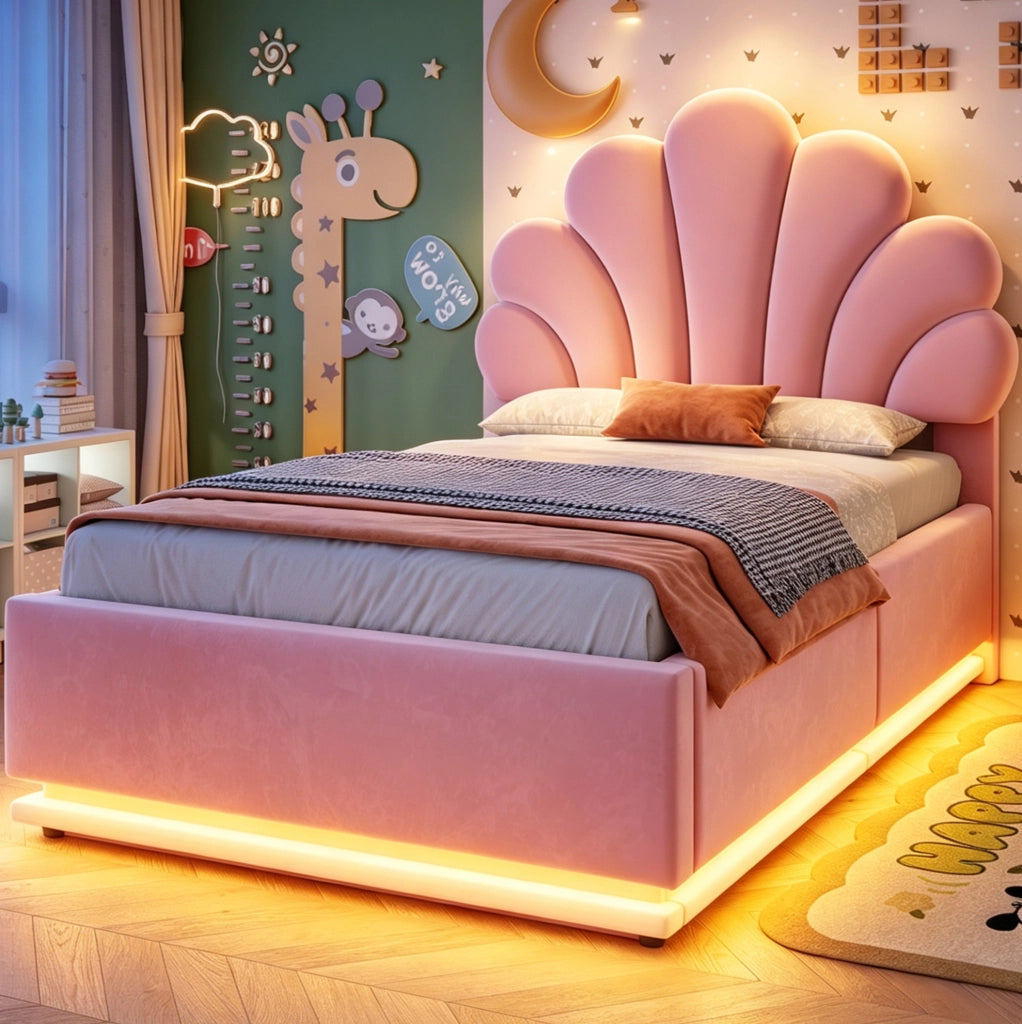 Letto imbottito 90x200 cm con contenitore, LED e testiera floreale