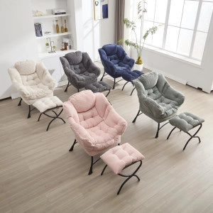 poltrona con pouf; schienale ergonomico; braccioli e tasca laterale; struttura in acciaio rosa