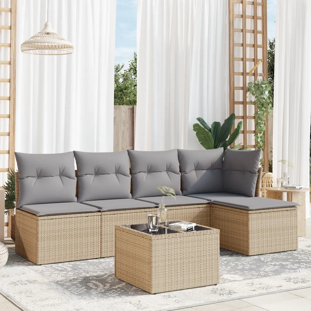 Set Divano da Giardino 6 pz | Set Salotto da Giardino con Cuscini Beige in Polyrattan