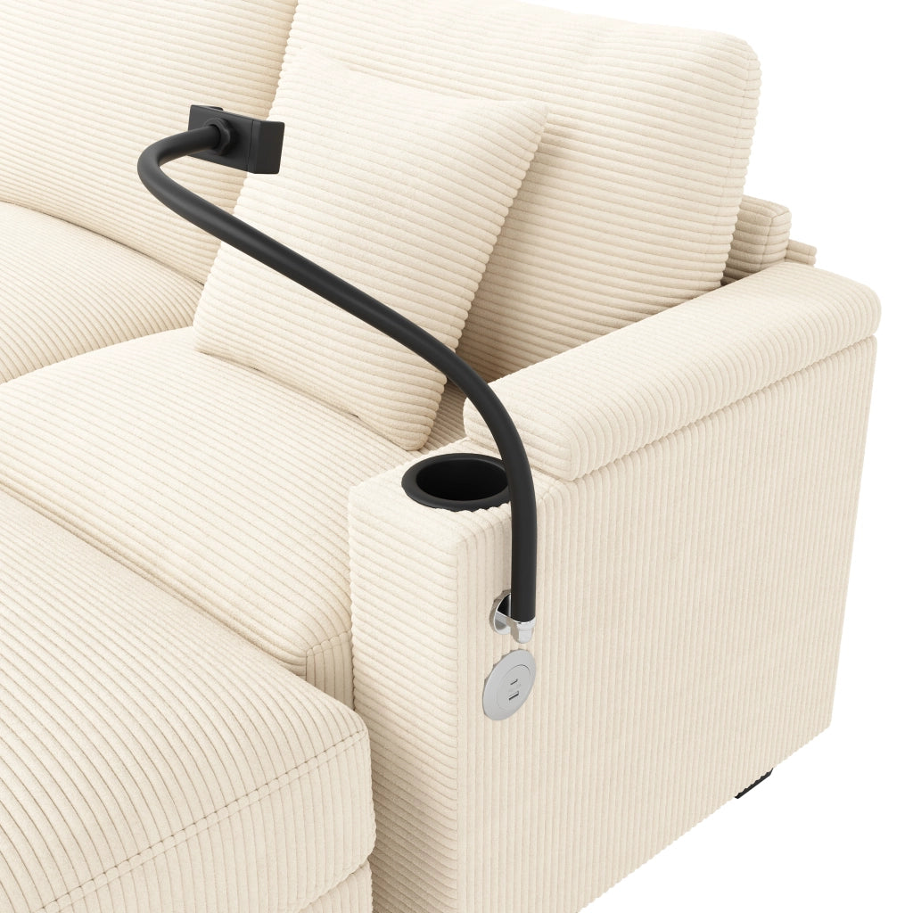 Divano modulare angolare in corduroy beige con USB, supporto telefono, contenitore e cuscini