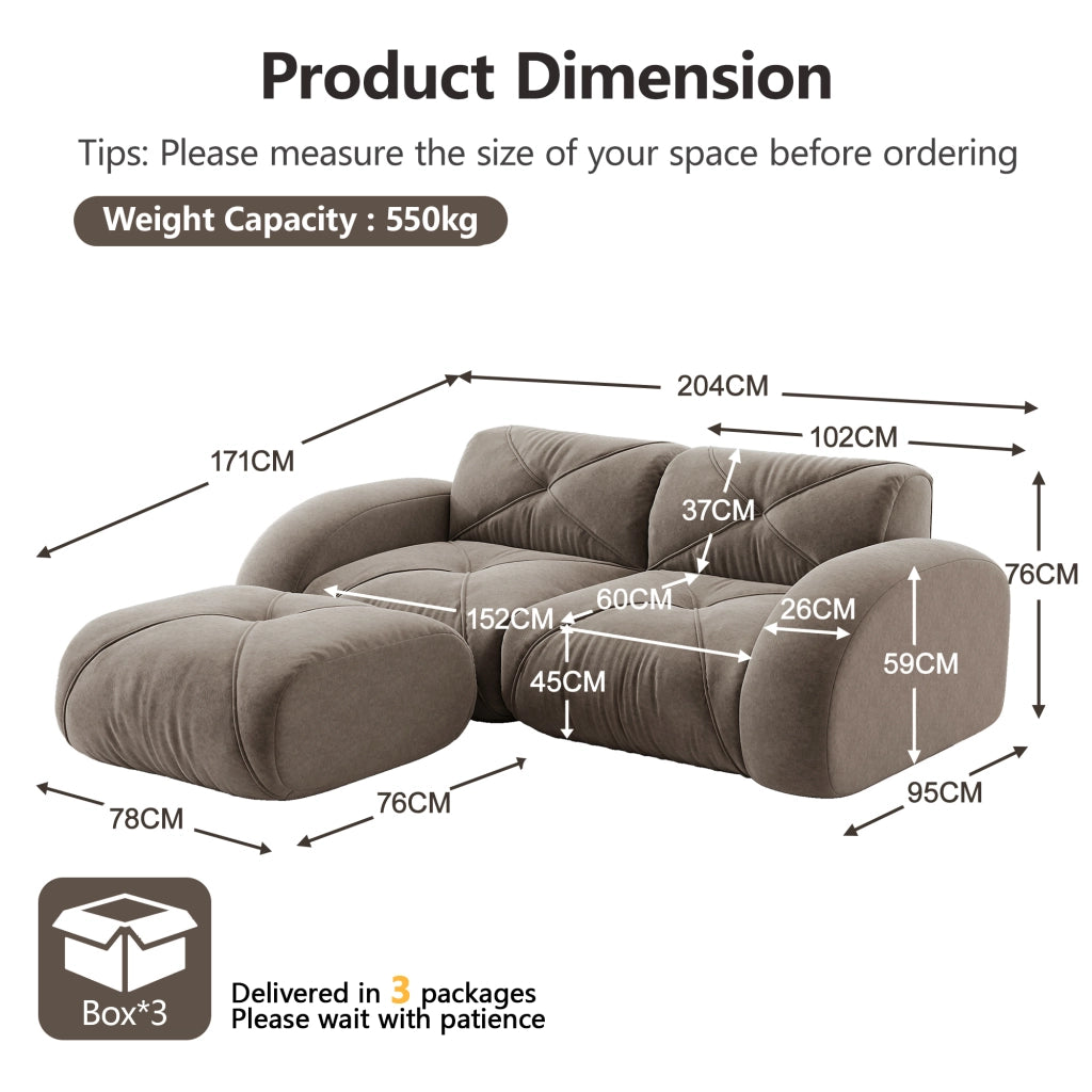 Divano modulare a 2 posti con pouf in chenille, schiuma 32D ad alta densità, design antiscivolo, taupe