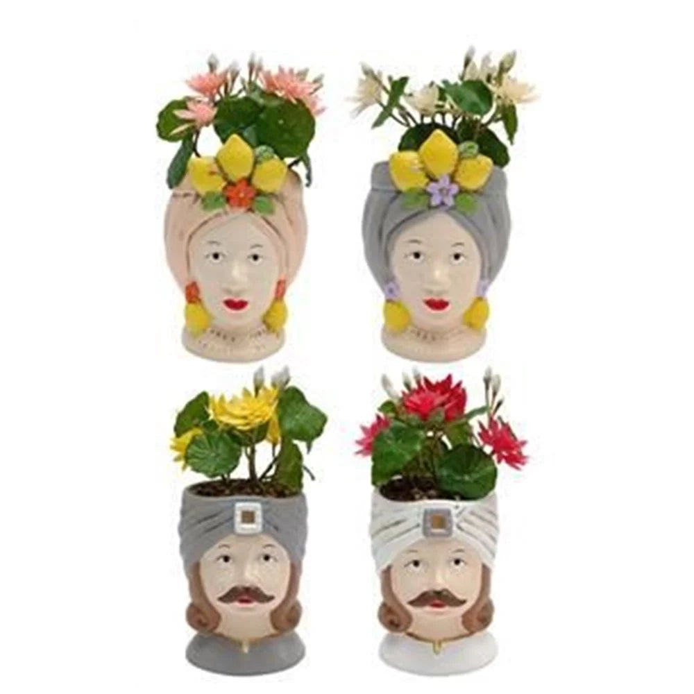 Trade Shop - Vaso Di Fiori Forma Di Testa Moro Statuetta Decorativa Con Pianta Grassa 23cm 4ass. 660560 -