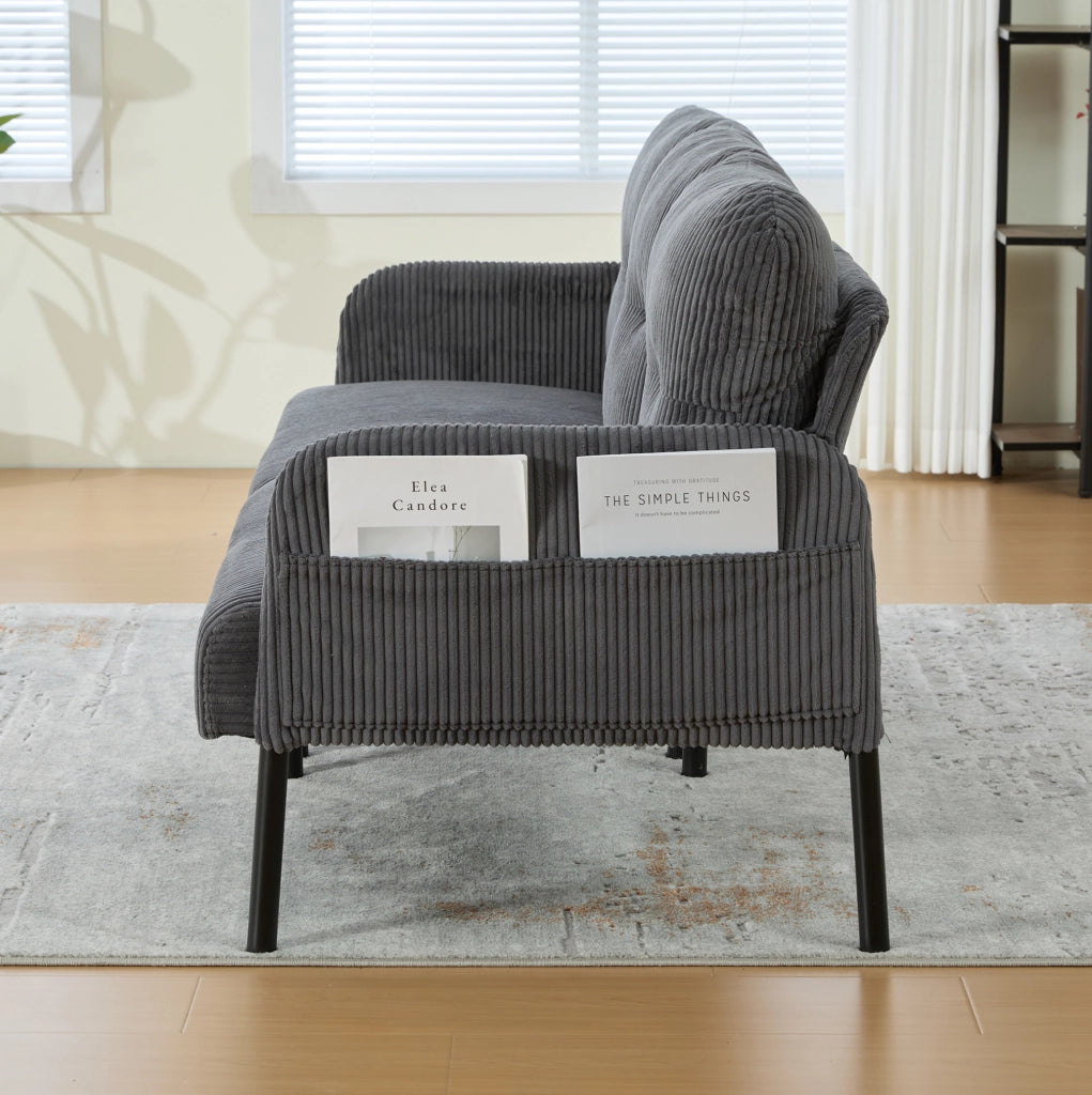 Divano a 3 posti in corduroy grigio 171x72x80 cm con tasca laterale e struttura in metallo