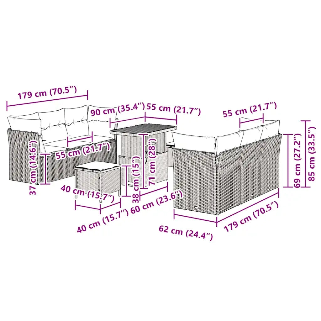 vidaXL Set Divano da Giardino 9 pcs Nero polyrattan