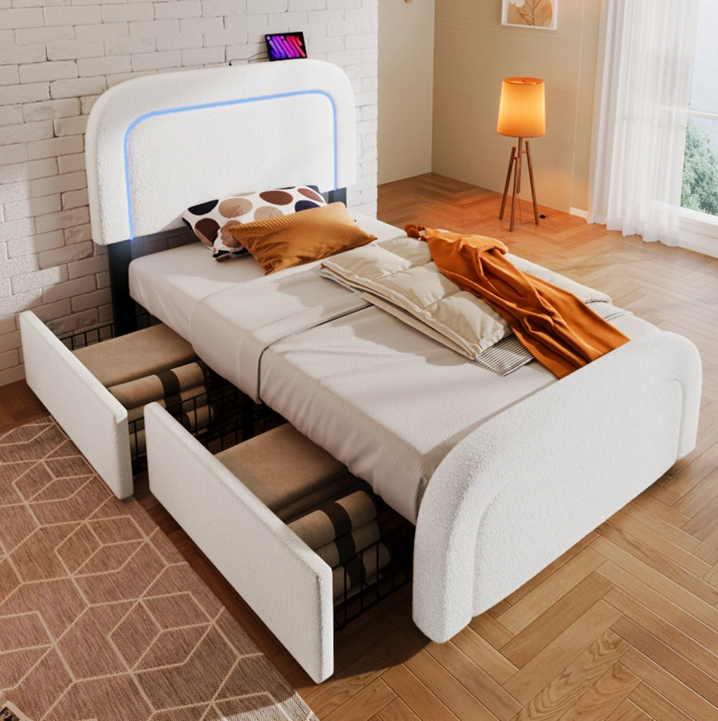Letto singolo 90x200 cm con LED; USB C e 2 cassetti; tessuto sherpa bianco