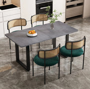 Sedia da pranzo in velluto verde; set 4 pezzi; schienale in rattan e gambe in metallo