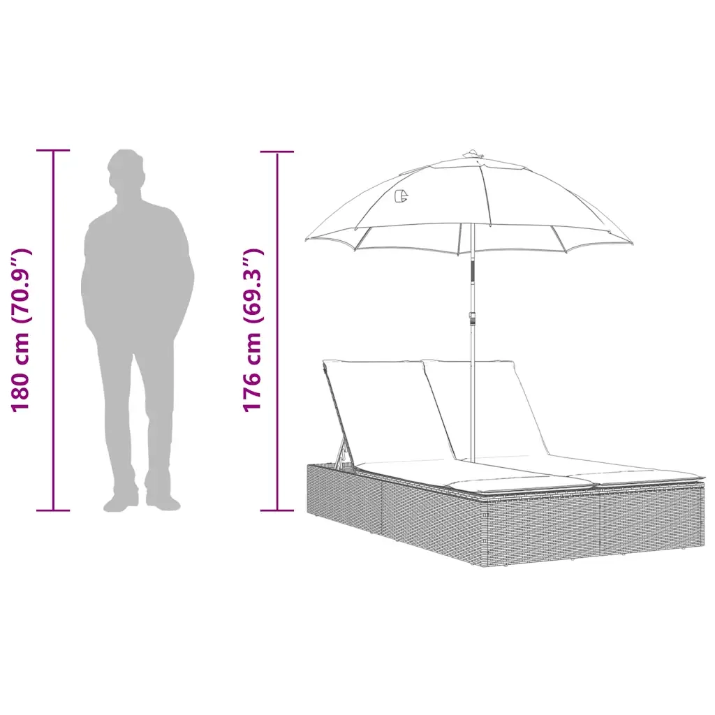 Lettino Prendisole Doppio Cuscini e Parasole Nero in Polyrattan 368089