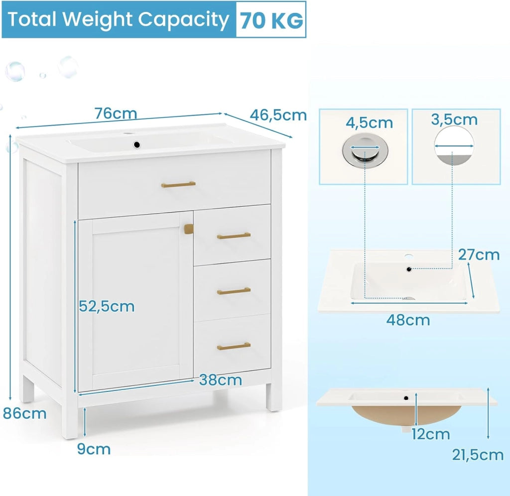 Mobile da bagno con lavabo in ceramica, armadio sotto il lavabo con 2 cassetti e 1 scomparto con porta, 76 x 46,5 x 86 cm, mobile lavabo per bagno, lavanderia, bianco